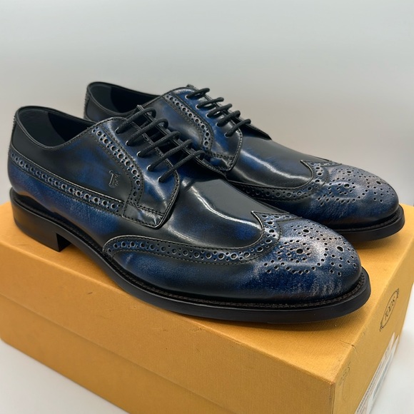 Tod’s Brogue Medallion Wingtip Leather Derby Oxford Persia Blue Size 9.5 / 11 US